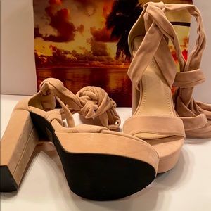 SOLD Public Desire Nude Faux Suede tie up the leg heels